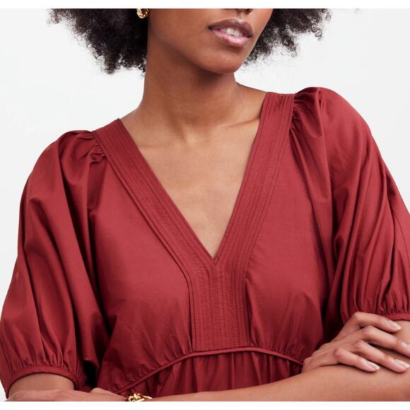 Madewell Puff Sleeve Mini Dress Poplin Claret Burgundy A Line Pockets Medium NWT - Picture 5 of 14